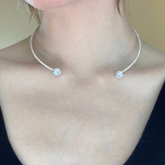 New Crystal & Cubic Zirconia Heart Accented Open Cuff Pave Choker Necklace - Picture 9 of 16